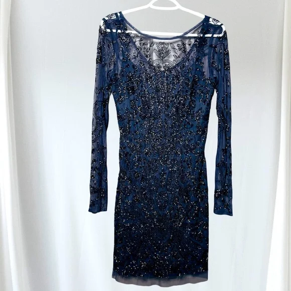 🥂 Aidan Mattox New Beaded Organza Formal Dress Navy Blue Size 6 - Picture 2 of 14